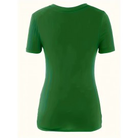 Women's Casual T-shirt, Plus Size Solid Short Sleeve V Neck Medium Stretch T-shirt