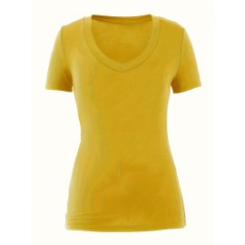 Women's Casual T-shirt, Plus Size Solid Short Sleeve V Neck Medium Stretch T-shirt