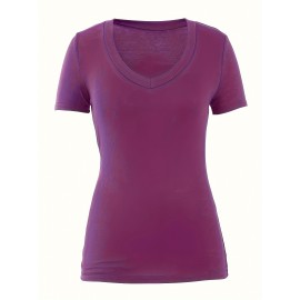 Women's Casual T-shirt, Plus Size Solid Short Sleeve V Neck Medium Stretch T-shirt