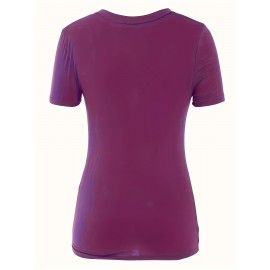 Women's Casual T-shirt, Plus Size Solid Short Sleeve V Neck Medium Stretch T-shirt