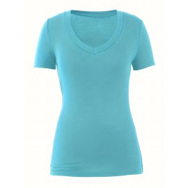 Women's Casual T-shirt, Plus Size Solid Short Sleeve V Neck Medium Stretch T-shirt