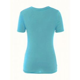 Women's Casual T-shirt, Plus Size Solid Short Sleeve V Neck Medium Stretch T-shirt