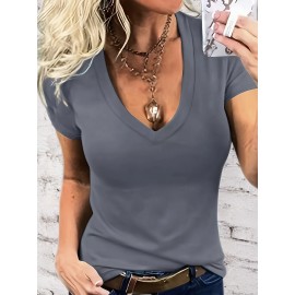 Women's Casual T-shirt, Plus Size Solid Short Sleeve V Neck Medium Stretch T-shirt