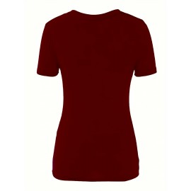 Women's Casual T-shirt, Plus Size Solid Short Sleeve V Neck Medium Stretch T-shirt