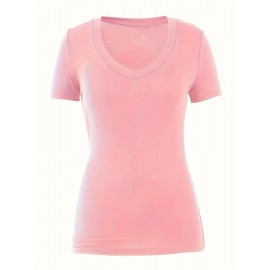 Women's Casual T-shirt, Plus Size Solid Short Sleeve V Neck Medium Stretch T-shirt