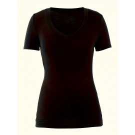 Women's Casual T-shirt, Plus Size Solid Short Sleeve V Neck Medium Stretch T-shirt