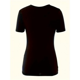 Women's Casual T-shirt, Plus Size Solid Short Sleeve V Neck Medium Stretch T-shirt