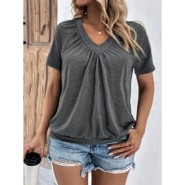 Plus Size Solid Color Ruched T-shirt, Casual Short Sleeve V Neck Top For Spring & Summer, Women's Plus Size Clothing