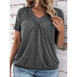 Plus Size Solid Color Ruched T-shirt, Casual Short Sleeve V Neck Top For Spring & Summer, Women's Plus Size Clothing