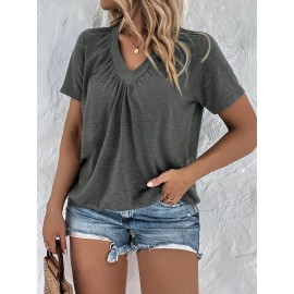 Plus Size Solid Color Ruched T-shirt, Casual Short Sleeve V Neck Top For Spring & Summer, Women's Plus Size Clothing