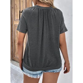 Plus Size Solid Color Ruched T-shirt, Casual Short Sleeve V Neck Top For Spring & Summer, Women's Plus Size Clothing