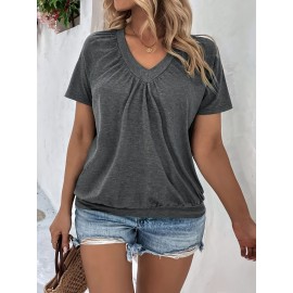 Plus Size Solid Color Ruched T-shirt, Casual Short Sleeve V Neck Top For Spring & Summer, Women's Plus Size Clothing