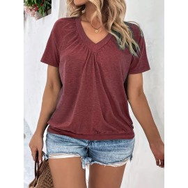 Plus Size Solid Color Ruched T-shirt, Casual Short Sleeve V Neck Top For Spring & Summer, Women's Plus Size Clothing