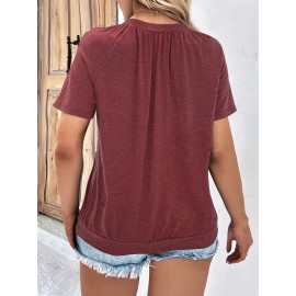 Plus Size Solid Color Ruched T-shirt, Casual Short Sleeve V Neck Top For Spring & Summer, Women's Plus Size Clothing