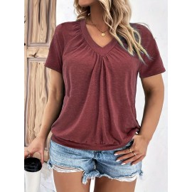 Plus Size Solid Color Ruched T-shirt, Casual Short Sleeve V Neck Top For Spring & Summer, Women's Plus Size Clothing