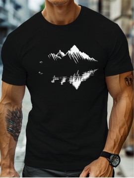 plus size men's summer t-shirt, Mountain reflection  graphic print short sleeve tees trend casual tops for daily life, big & tall guys