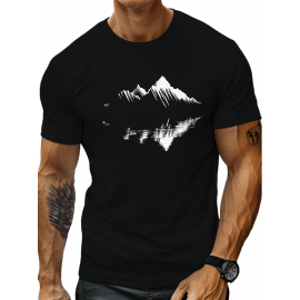plus size men's summer t-shirt, Mountain reflection  graphic print short sleeve tees trend casual tops for daily life, big & tall guys