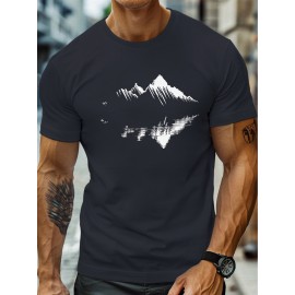plus size men's summer t-shirt, Mountain reflection  graphic print short sleeve tees trend casual tops for daily life, big & tall guys