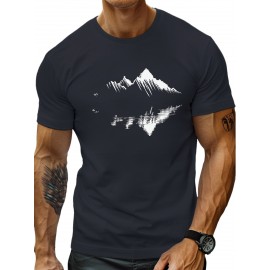 plus size men's summer t-shirt, Mountain reflection  graphic print short sleeve tees trend casual tops for daily life, big & tall guys