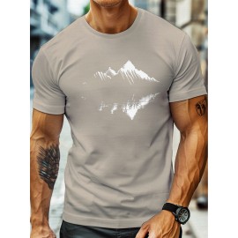 plus size men's summer t-shirt, Mountain reflection  graphic print short sleeve tees trend casual tops for daily life, big & tall guys