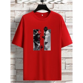 Men's Picture Print Crew Neck Stretch T-shirt, Oversized Breathable Short Sleeve Tops, Plus Size Casual Clothing For Spring Summer