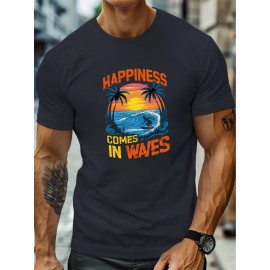 plus size men's summer t-shirt, surfer Silhouette  graphic print short sleeve tees trend casual tops for daily life, big & tall guys
