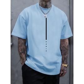 Plus Size Men's Trendy Stripe Paris Print T-shirt, Casual Fashion Tee, Street Style Short Sleeve Crew Neck Shirt