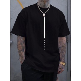 Plus Size Men's Trendy Stripe Paris Print T-shirt, Casual Fashion Tee, Street Style Short Sleeve Crew Neck Shirt