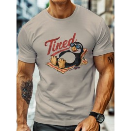 plus size men's summer t-shirt, Hot Sleepy Penguin Summer  graphic print short sleeve tees trend casual tops for daily life, big & tall guys