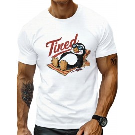 plus size men's summer t-shirt, Hot Sleepy Penguin Summer  graphic print short sleeve tees trend casual tops for daily life, big & tall guys