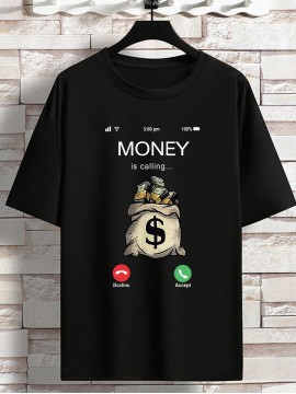 Men's 'MONEY Is Calling...' Print Crew Neck Stretch T-shirt, Oversized Breathable Short Sleeve Tops, Plus Size Casual Clothing For Spring Summer Plus Size Women & Men Clothes Best Sellers Gifts