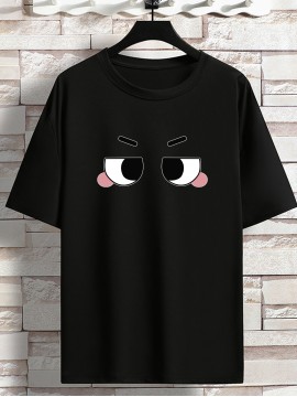 Men's Eyes Print Crew Neck Stretch T-shirt, Oversized Short Sleeve Tops, Plus Size Casual Clothing For Spring Summer