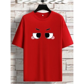 Men's Eyes Print Crew Neck Stretch T-shirt, Oversized Short Sleeve Tops, Plus Size Casual Clothing For Spring Summer