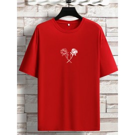Men's Rose Print Crew Neck Stretch T-shirt, Oversized Short Sleeve Tops, Plus Size Casual Clothing For Spring Summer, Valentine's Day Print