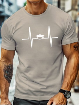 plus size men's summer t-shirt, heartbeat graduation cap  graphic print short sleeve tees trend casual tops for daily life, big & tall guys