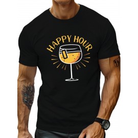 plus size men's summer t-shirt, Happy hour  graphic print short sleeve tees trend casual tops for daily life, big & tall guys