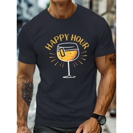 plus size men's summer t-shirt, Happy hour  graphic print short sleeve tees trend casual tops for daily life, big & tall guys