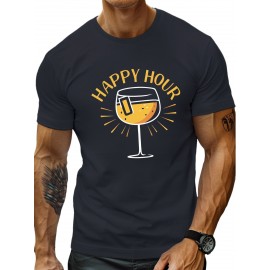 plus size men's summer t-shirt, Happy hour  graphic print short sleeve tees trend casual tops for daily life, big & tall guys