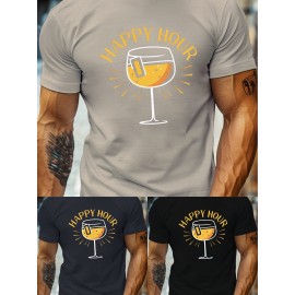 plus size men's summer t-shirt, Happy hour  graphic print short sleeve tees trend casual tops for daily life, big & tall guys
