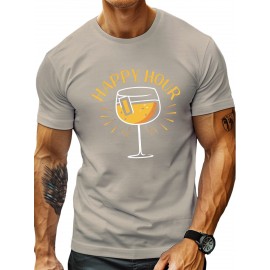 plus size men's summer t-shirt, Happy hour  graphic print short sleeve tees trend casual tops for daily life, big & tall guys