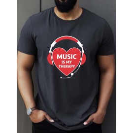 plus size men's summer t-shirt, Heart headphones  graphic print short sleeve tees trend casual tops for daily life, big & tall guys