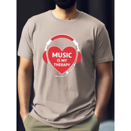 plus size men's summer t-shirt, Heart headphones  graphic print short sleeve tees trend casual tops for daily life, big & tall guys