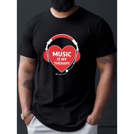 plus size men's summer t-shirt, Heart headphones  graphic print short sleeve tees trend casual tops for daily life, big & tall guys