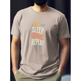 Plus Size Men's Summer T-shirt, EAT SLEEP COOK REPEAT Graphic Print Short Sleeve Tees Trend Casual Tops For Daily Life, Big & Tall Guys