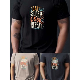 Plus Size Men's Summer T-shirt, EAT SLEEP COOK REPEAT Graphic Print Short Sleeve Tees Trend Casual Tops For Daily Life, Big & Tall Guys