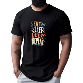 Plus Size Men's Summer T-shirt, EAT SLEEP COOK REPEAT Graphic Print Short Sleeve Tees Trend Casual Tops For Daily Life, Big & Tall Guys