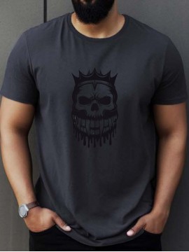 Plus Size Men's Summer T-shirt, Monochromatic Skull Crown Graphic Print Short Sleeve Tees Trend Casual Tops For Daily Life, Big & Tall Guys