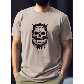 Plus Size Men's Summer T-shirt, Monochromatic Skull Crown Graphic Print Short Sleeve Tees Trend Casual Tops For Daily Life, Big & Tall Guys