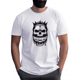 Plus Size Men's Summer T-shirt, Monochromatic Skull Crown Graphic Print Short Sleeve Tees Trend Casual Tops For Daily Life, Big & Tall Guys