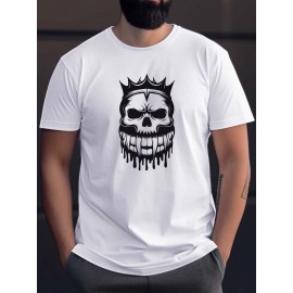 Plus Size Men's Summer T-shirt, Monochromatic Skull Crown Graphic Print Short Sleeve Tees Trend Casual Tops For Daily Life, Big & Tall Guys